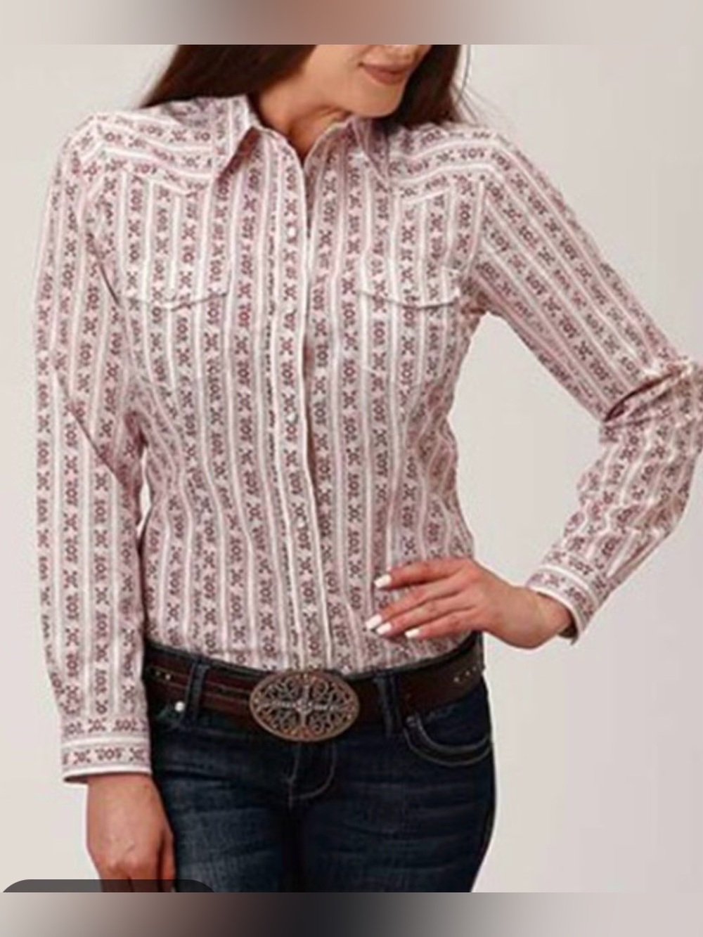 Roper Striped Floral Print Button-Front Women’s Shirt - White & Burgundy